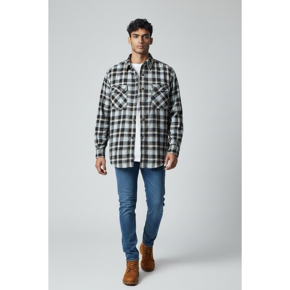 Duluth Trading Co Flannel Shirt Mens Large Relaxed Fit Plaid Button Up Blue Grey